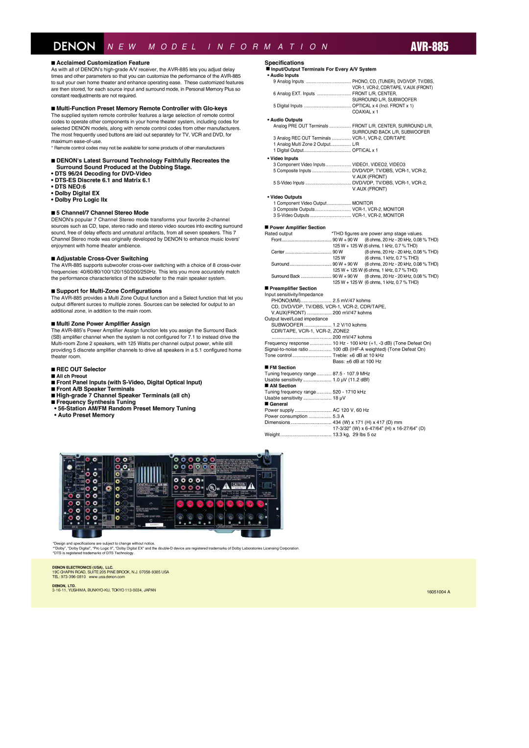 Denon AVR-885 Acclaimed Customization Feature, Adjustable Cross-Over Switching, Support for Multi-Zone Configurations 