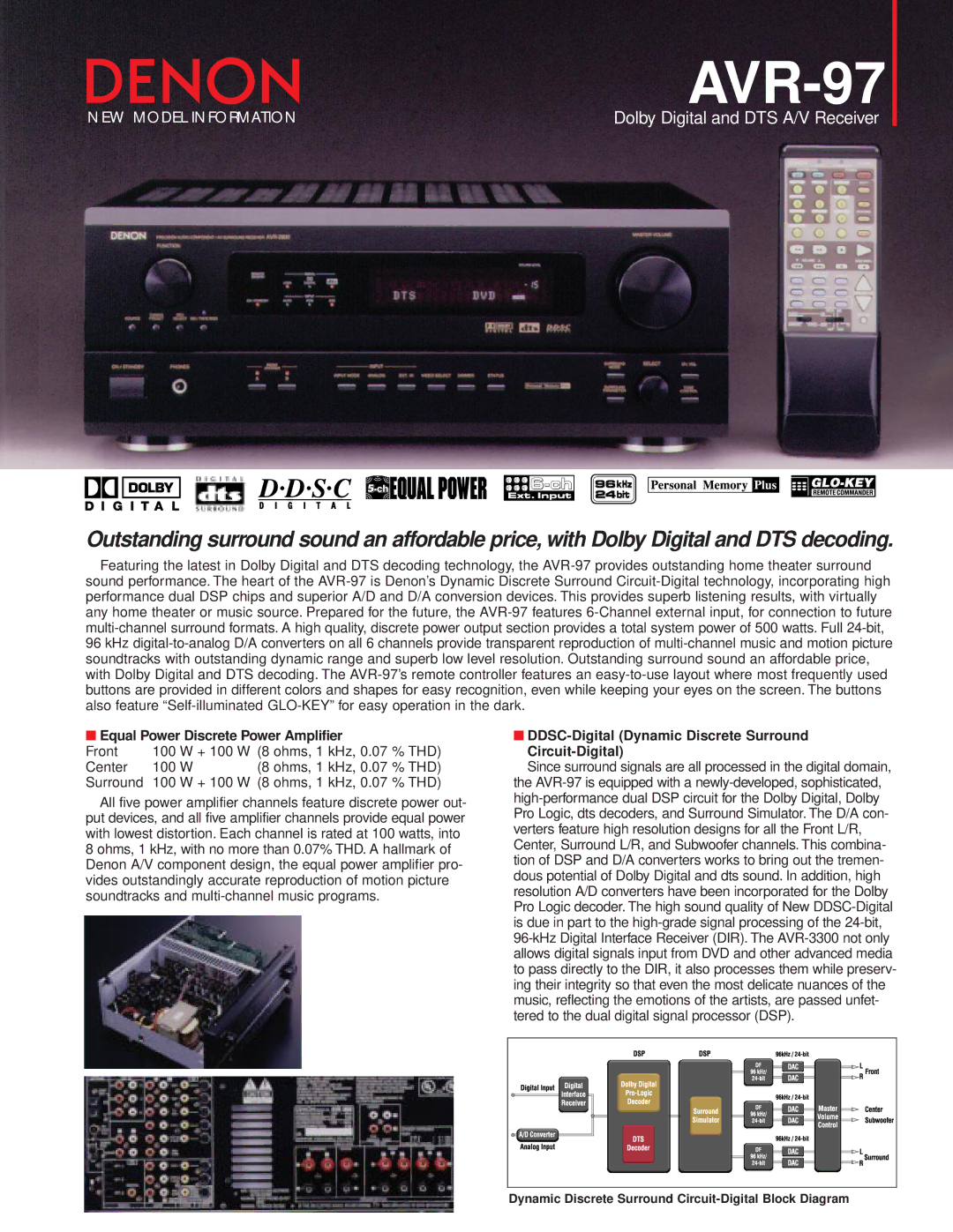 Denon AVR-97 manual Equal Power Discrete Power Amplifier, DDSC-Digital Dynamic Discrete Surround Circuit-Digital 