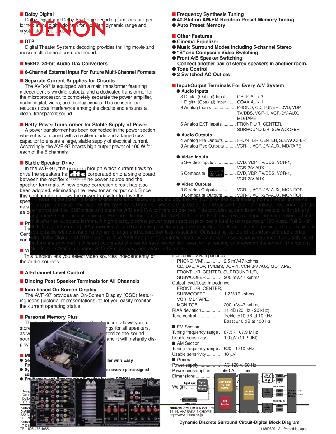 Denon AVR-97 Dolby Digital, Hefty Power Transformer for Stable Supply of Power, Stable Speaker Drive, Video Select Switch 