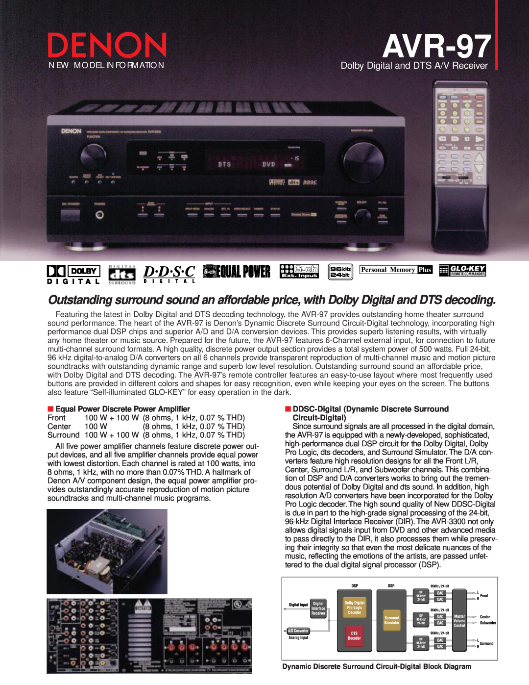 Denon AVR-97 manual Dolby Digital and DTS A/V Receiver, New Model Information 