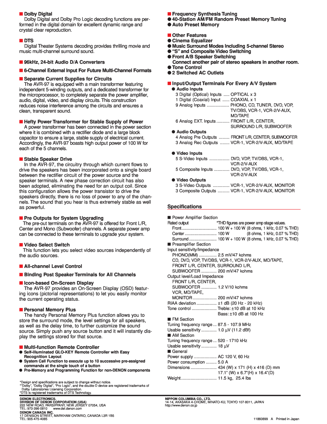 Denon AVR-97 manual Specifications 