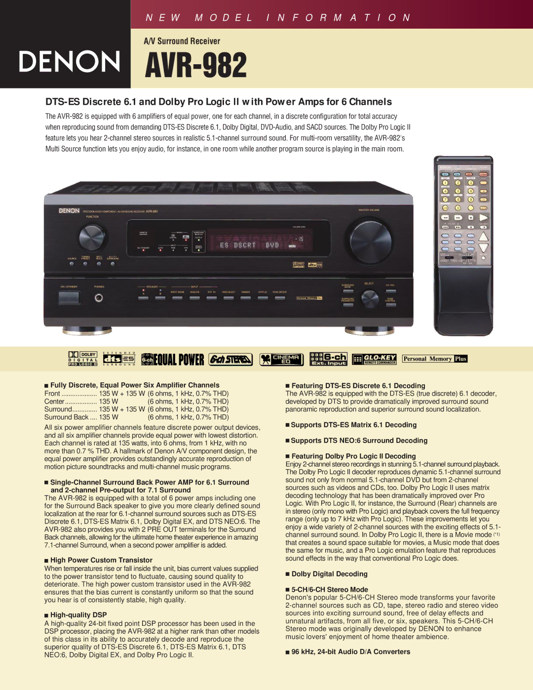 Denon AVR-982 manual High Power Custom Transistor, High-quality DSP, Featuring DTS-ES Discrete 6.1 Decoding 