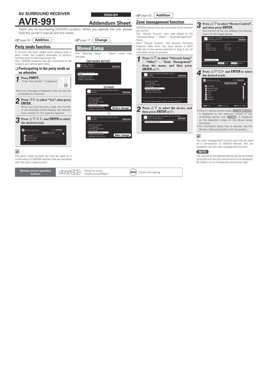 Denon AVR-991 owner manual Zone management function, Party mode function 