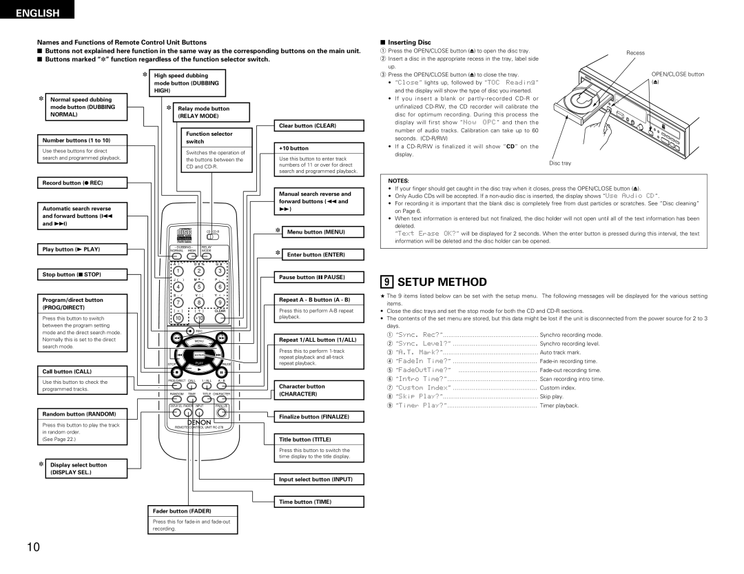 Denon CDR-W1500 operating instructions Setup Method, Relay Mode, Character 