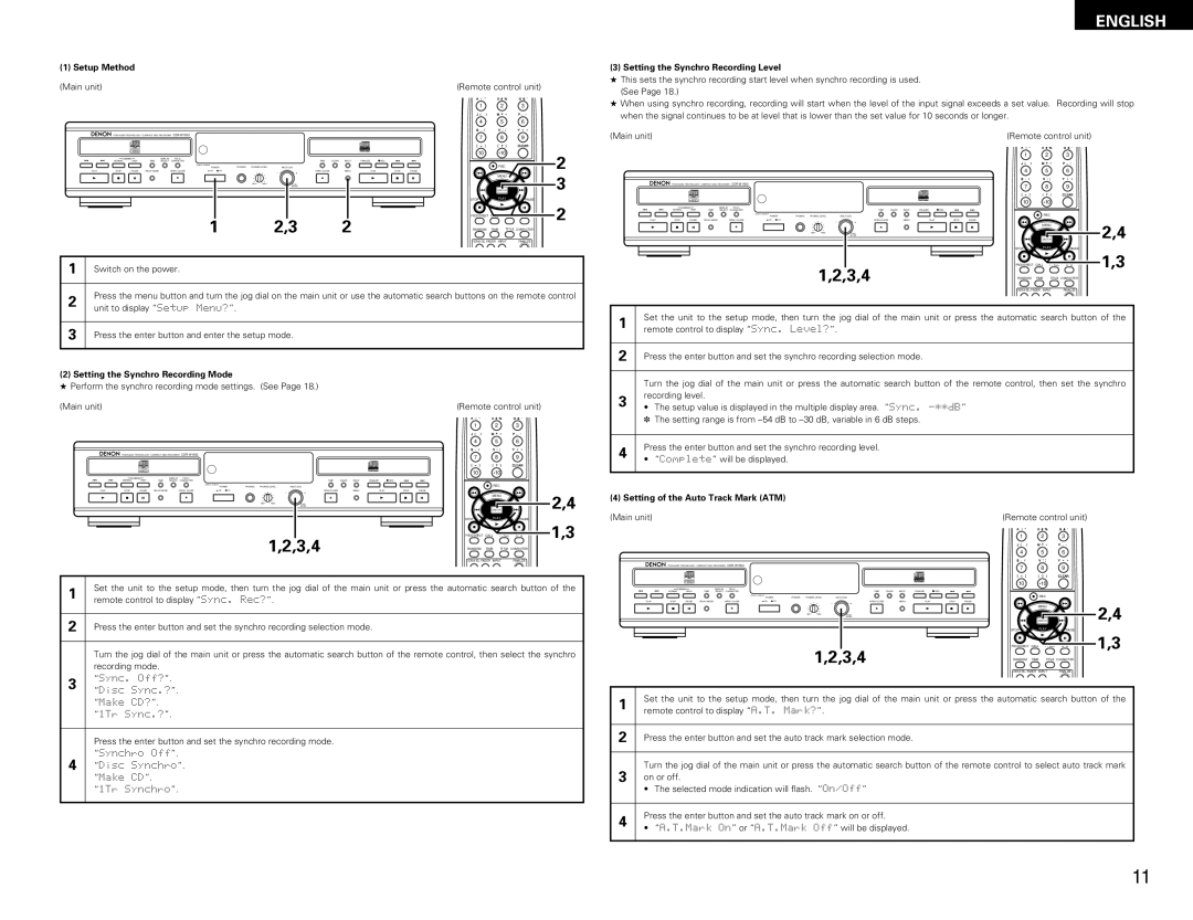 Denon CDR-W1500 Setup Method, Setting the Synchro Recording Mode, Setting the Synchro Recording Level 