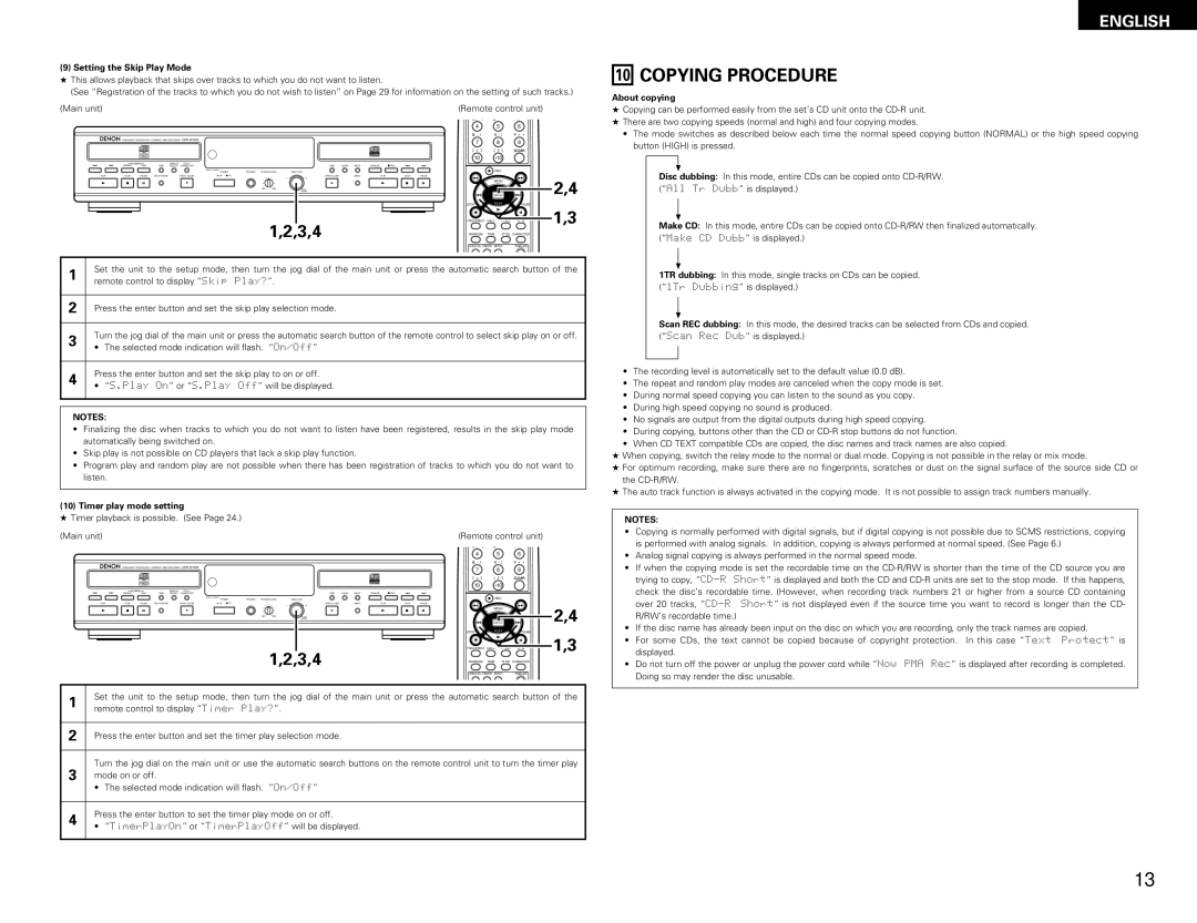 Denon CDR-W1500 Copying Procedure, Setting the Skip Play Mode, Timer play mode setting, About copying 