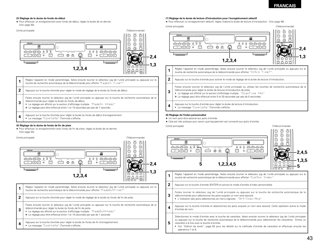 Denon CDR-W1500 operating instructions Réglage de la durée du fondu de début, Réglage de la durée de fondu de fin de piste 