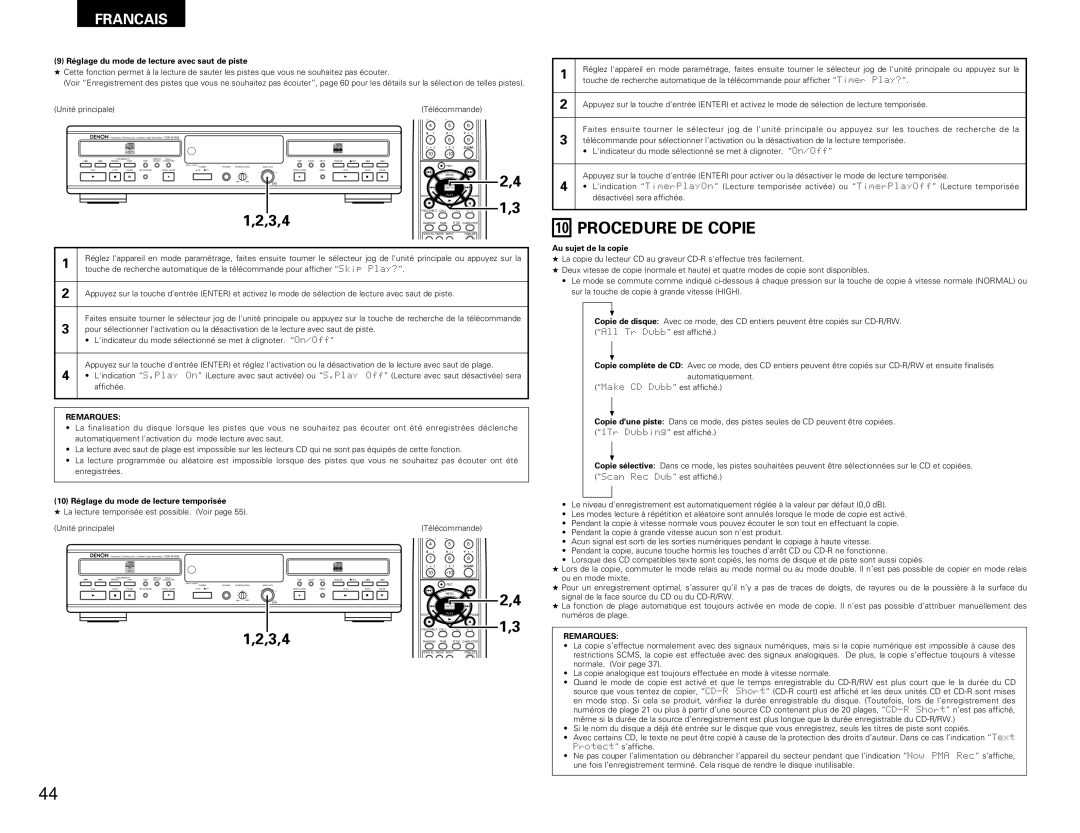 Denon CDR-W1500 Procedure DE Copie, Réglage du mode de lecture avec saut de piste, Au sujet de la copie 