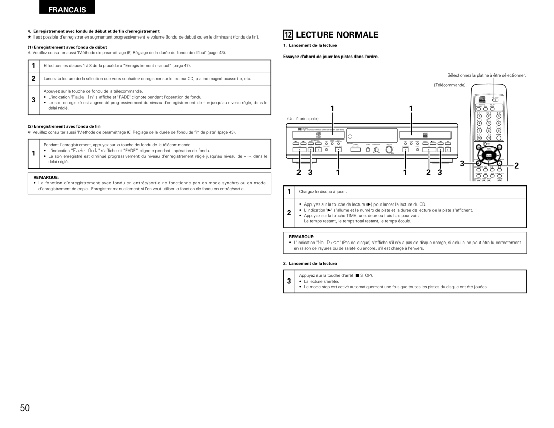 Denon CDR-W1500 Lecture Normale, Enregistrement avec fondu de début, Enregistrement avec fondu de fin 