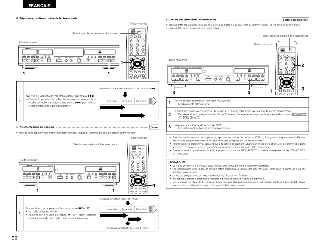 Denon CDR-W1500 Déplacement arrière au début de la piste actuelle, Pendant la lecture, appuyez sur la touche pause 3 Pause 