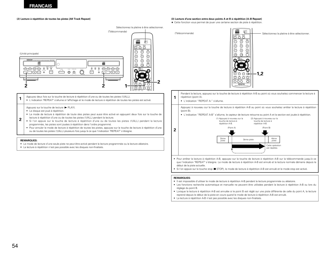 Denon CDR-W1500 operating instructions Lecture à répétition de toutes les pistes All Track Repeat 