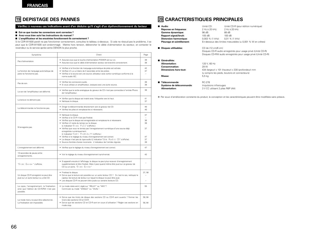 Denon CDR-W1500 operating instructions Depistage DES Pannes, Caracteristiques Principales 