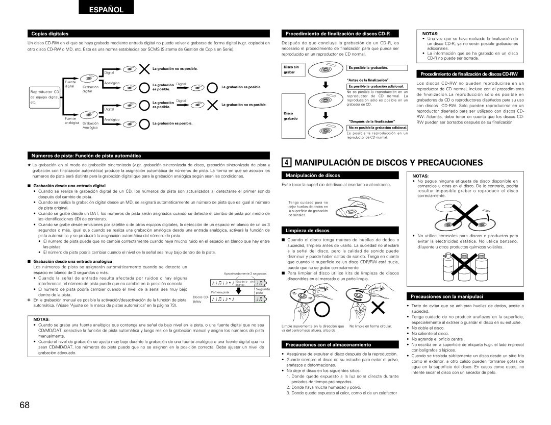 Denon CDR-W1500 operating instructions Manipulación DE Discos Y Precauciones 