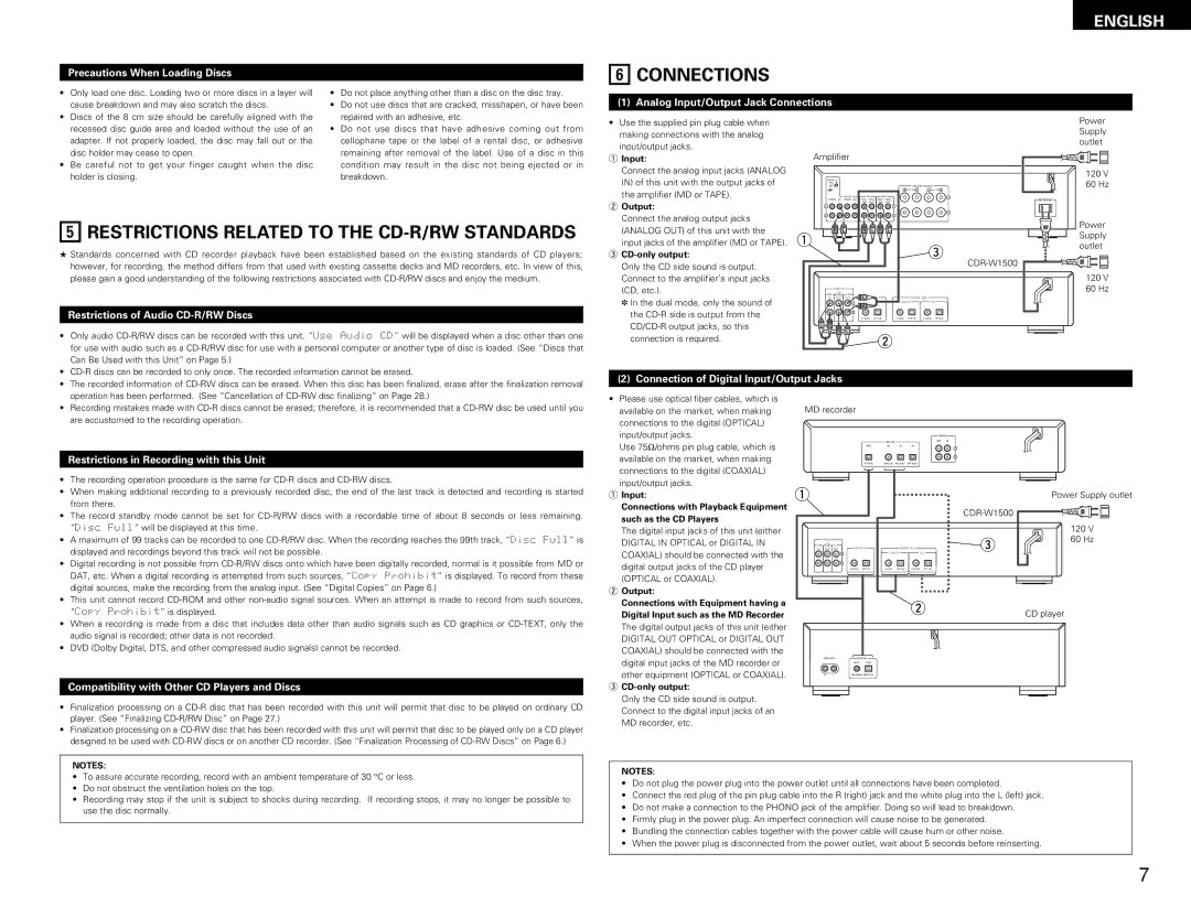 Denon CDR-W1500 operating instructions Connections, Restrictions Related to the CD-R/RW Standards 