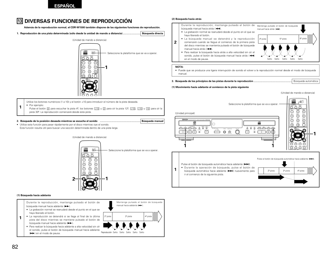 Denon CDR-W1500 operating instructions Diversas Funciones DE Reproducción, Búsqueda hacia adelante 