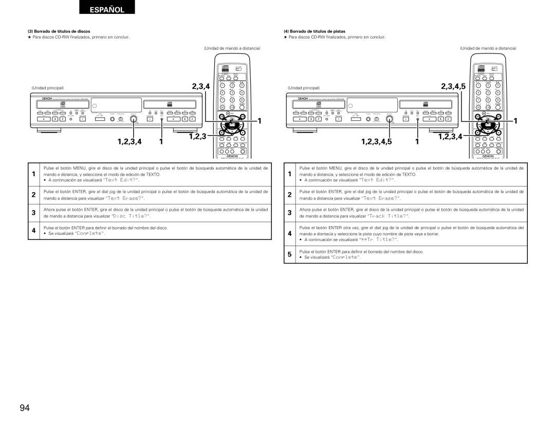 Denon CDR-W1500 operating instructions Borrado de títulos de discos, Borrado de títulos de pistas 