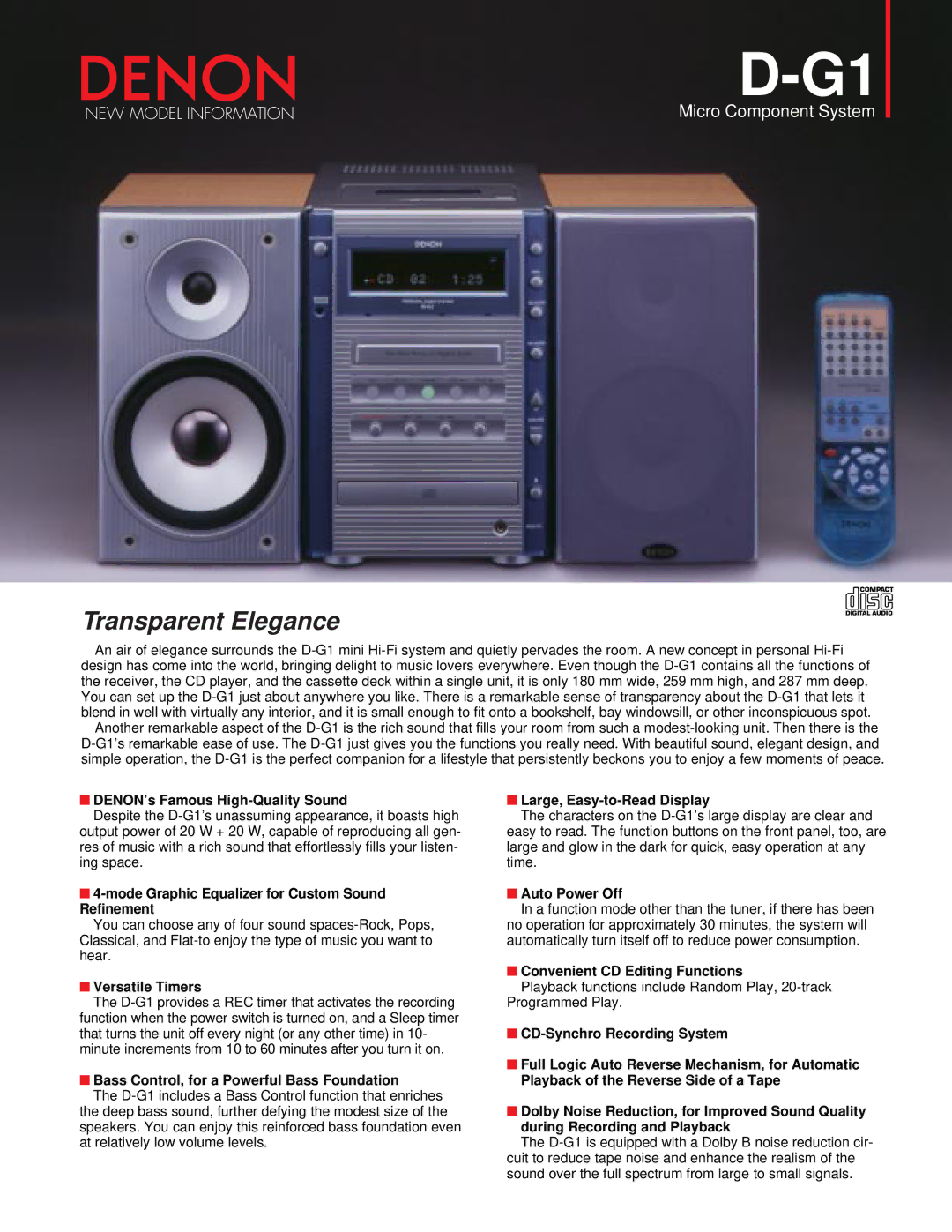 Denon D-G1 manual DENON’s Famous High-Quality Sound, Mode Graphic Equalizer for Custom Sound Refinement, Versatile Timers 