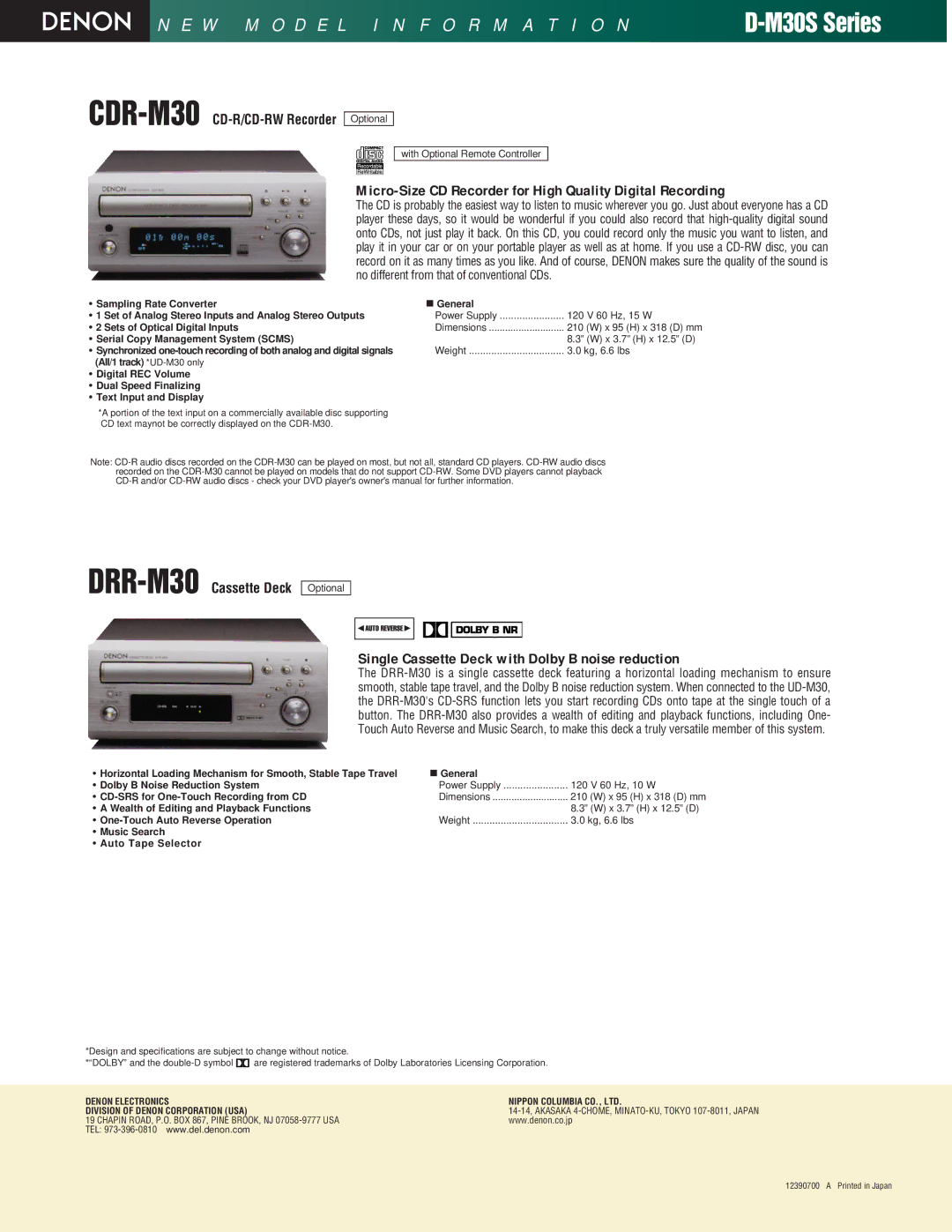 Denon D-M30S Micro-Size CD Recorder for High Quality Digital Recording, Single Cassette Deck with Dolby B noise reduction 