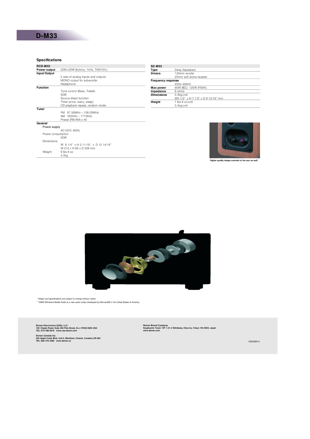 Denon manual Specifications, RCD-M33, Sdb 