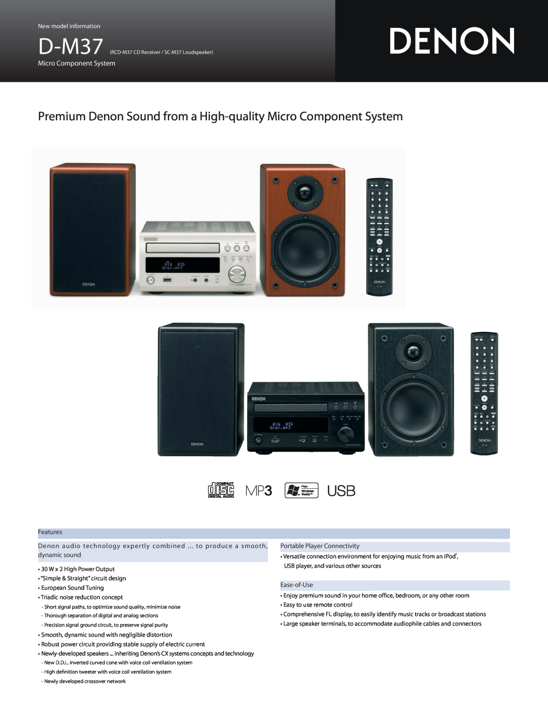 Denon D-M37 manual Features, Portable Player Connectivity, Ease-of-Use, Micro Component System, New model information 