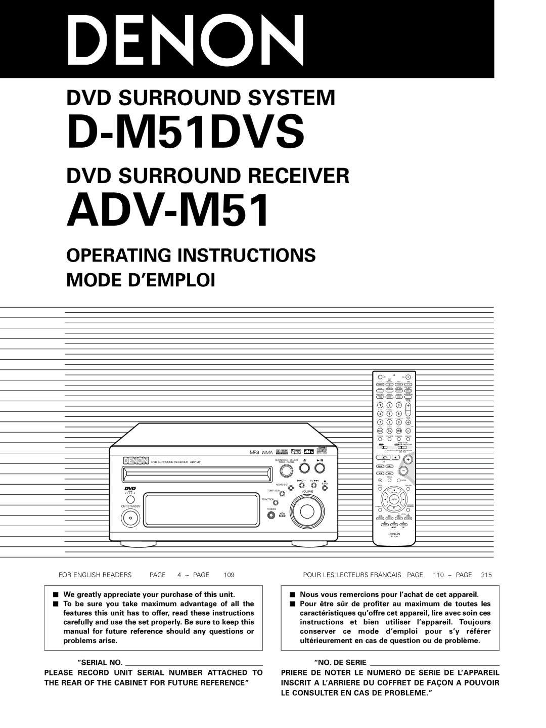 Denon ADV-M51, D-M51DVS, ADVM51 manual Nous vous remercions pour l’achat de cet appareil 