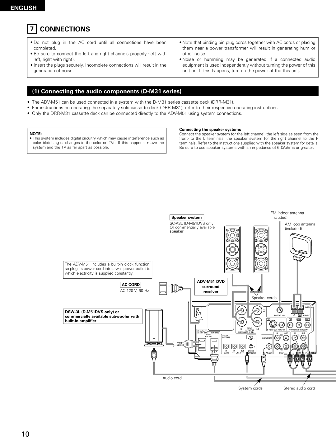 Denon D-M51DVS, ADVM51, ADV-M51 manual Connections, Connecting the audio components D-M31 series 