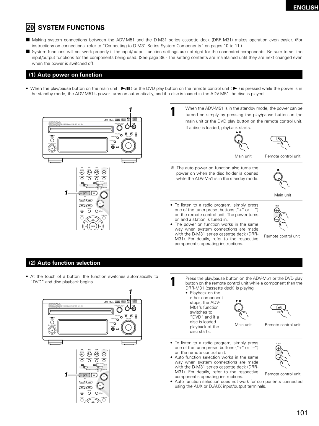 Denon ADV-M51, D-M51DVS, ADVM51 manual System Functions, Auto power on function, Auto function selection 