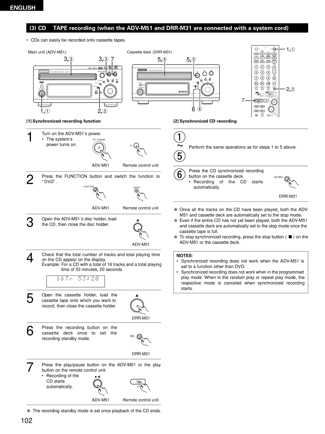 Denon D-M51DVS, ADVM51, ADV-M51 manual R 5 3 2, Synchronized recording function 