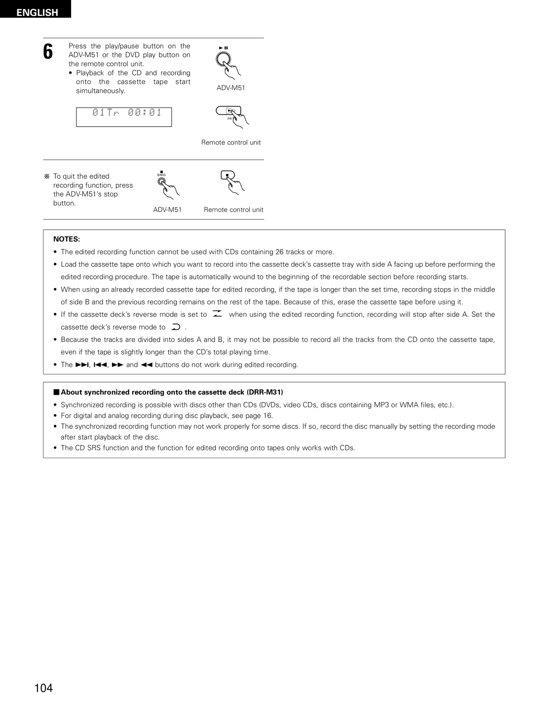 Denon D-M51DVS, ADVM51, ADV-M51 manual R 0 0 0, About synchronized recording onto the cassette deck DRR-M31 