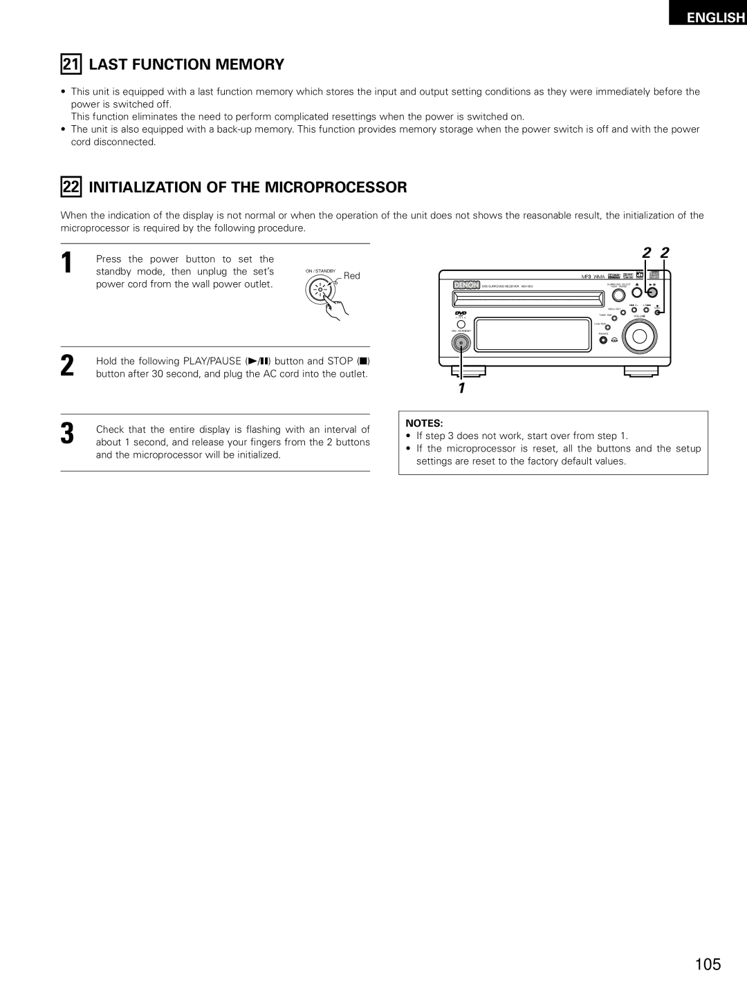 Denon ADV-M51, D-M51DVS, ADVM51 manual Last Function Memory, Initialization of the Microprocessor 