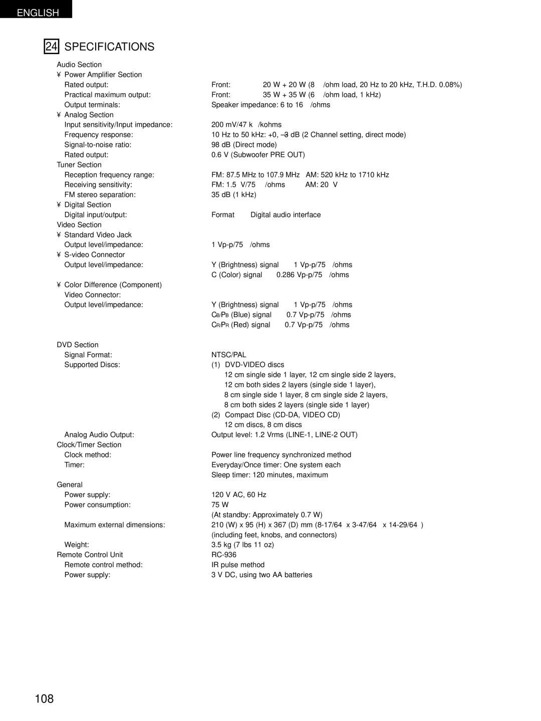 Denon D-M51DVS, ADVM51, ADV-M51 manual Specifications 