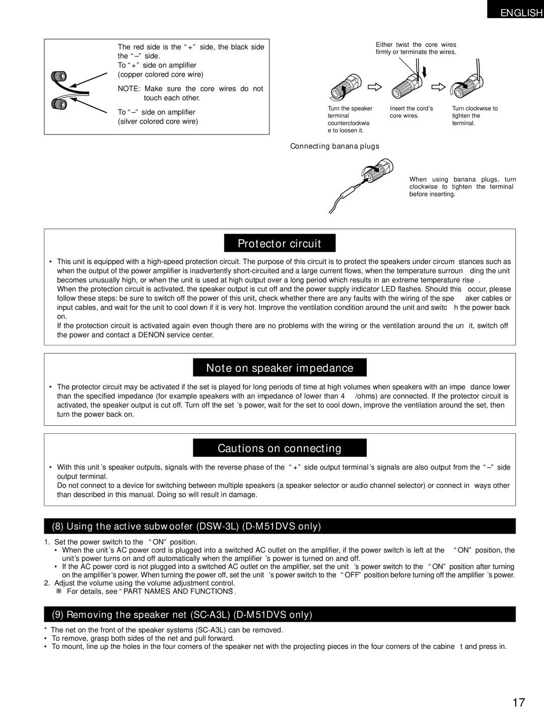 Denon ADV-M51 manual Using the active subwoofer DSW-3L D-M51DVS only, Removing the speaker net SC-A3L D-M51DVS only 