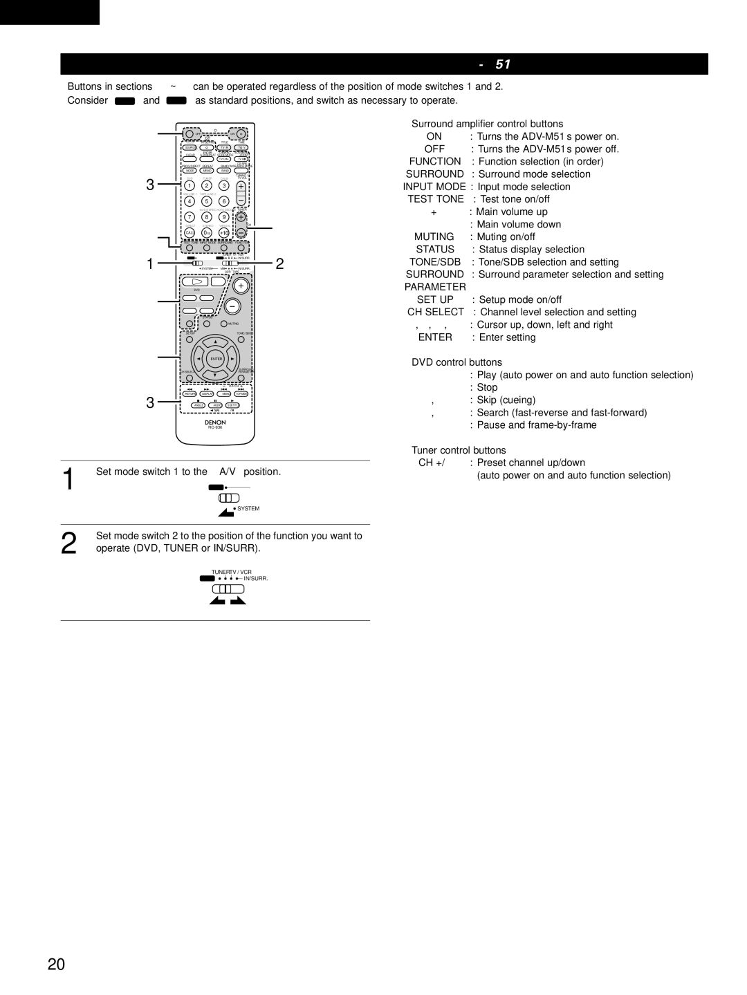 Denon D-M51DVS, ADVM51, ADV-M51 Off, Function, Surround, Test Tone, Muting, Tone/Sdb, Parameter SET UP, CH Select, Enter 