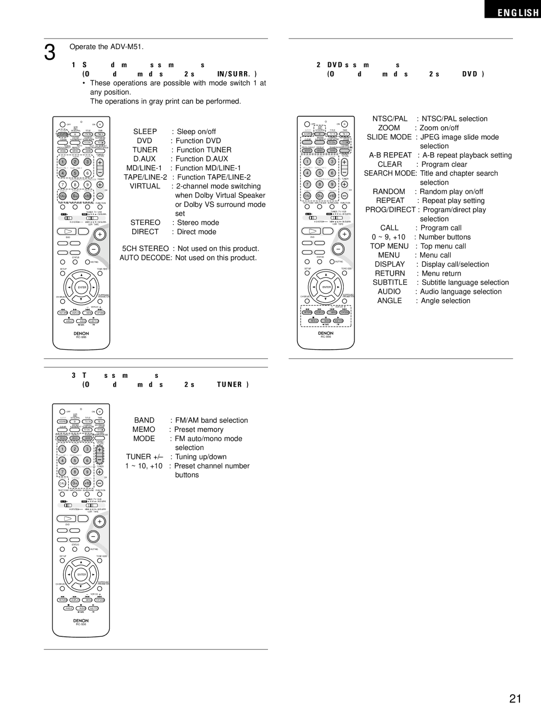 Denon ADV-M51, D-M51DVS, ADVM51 manual DVD system buttons Operated with mode switch 2 set to DVD 