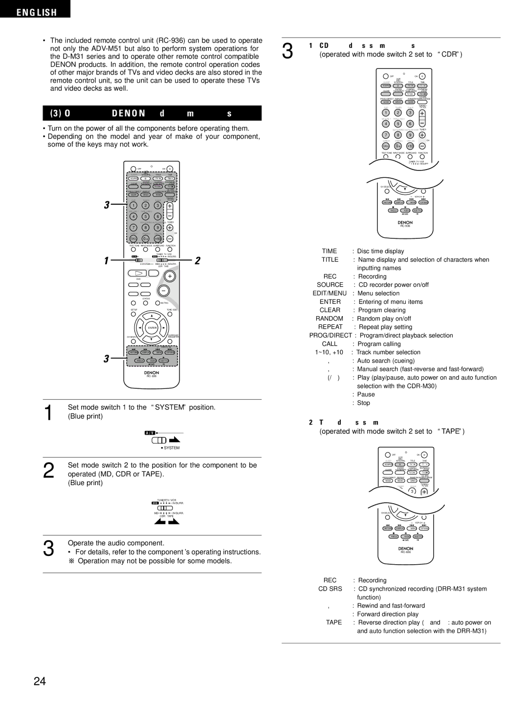 Denon D-M51DVS, ADVM51, ADV-M51 manual Operating Denon audio components, CD recorder system buttons, Tape deck system button 