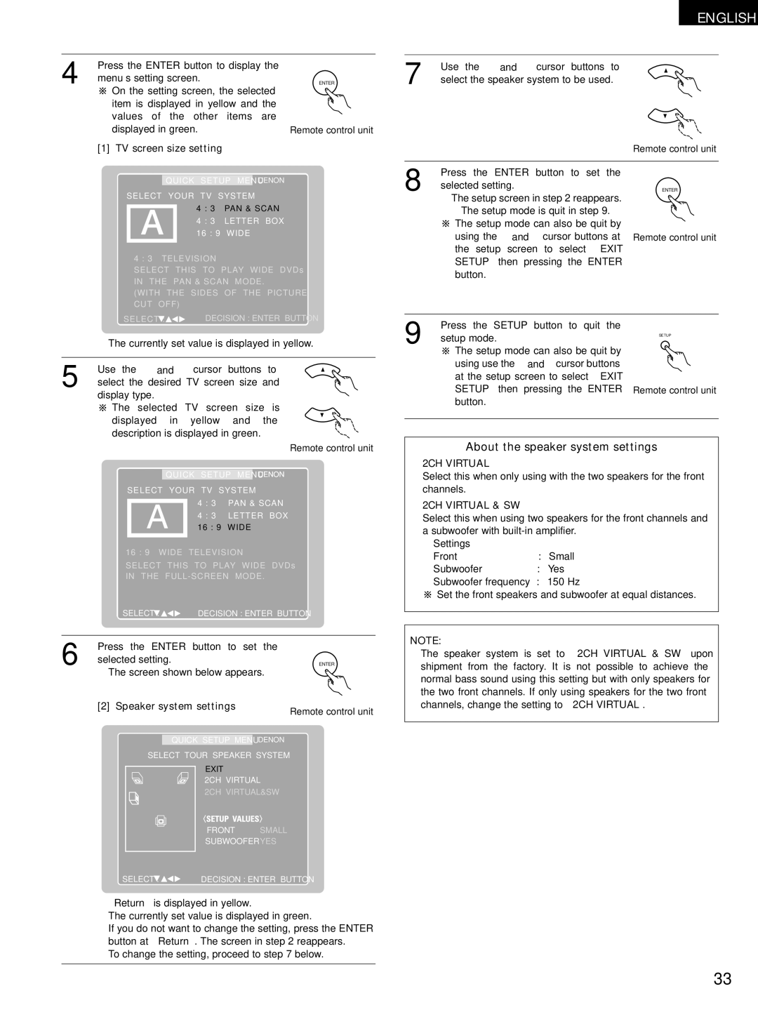 Denon ADV-M51, D-M51DVS, ADVM51 manual TV screen size setting, Speaker system settings, 2CH Virtual & SW 