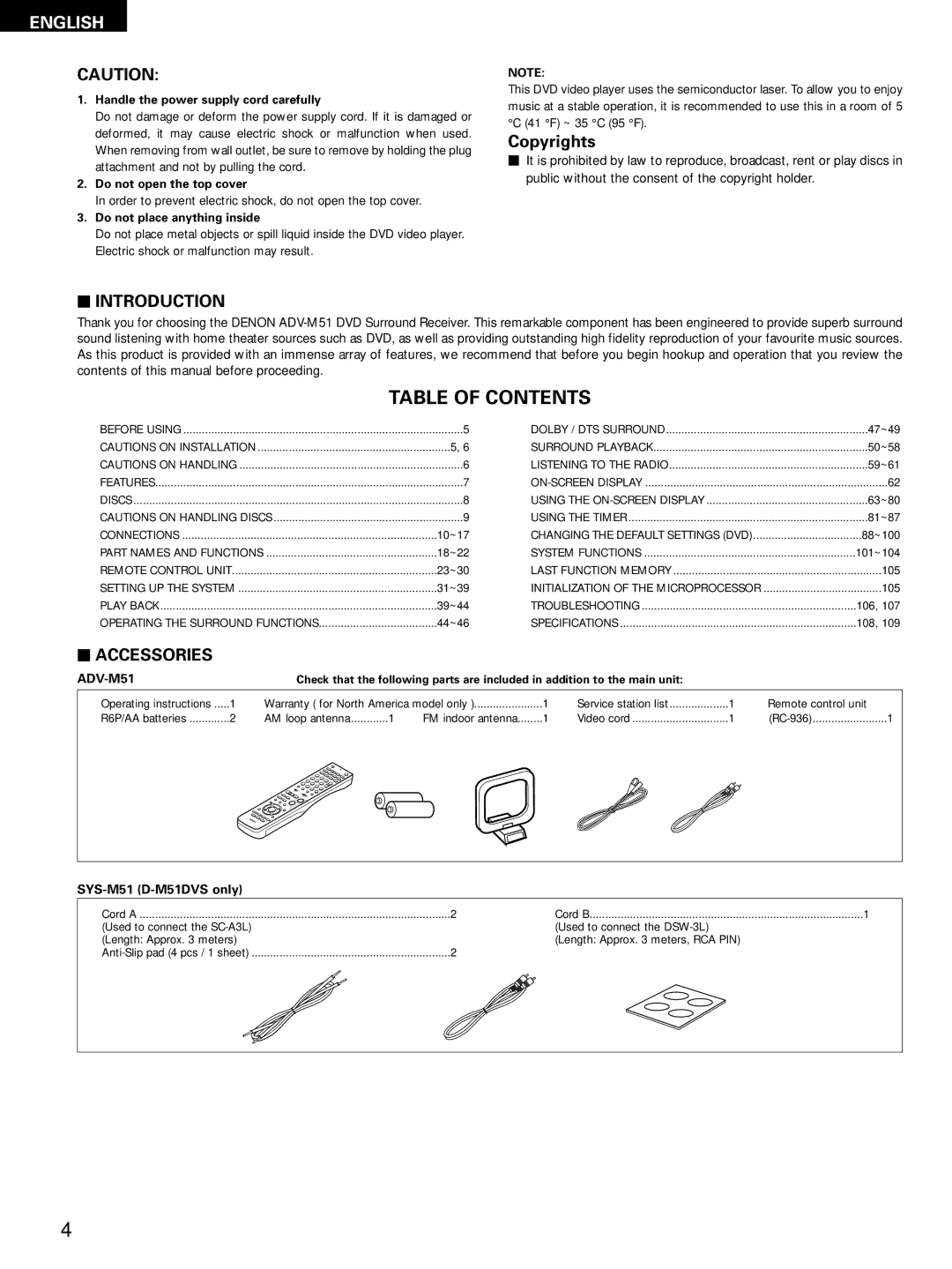 Denon D-M51DVS, ADVM51, ADV-M51 manual Table of Contents 