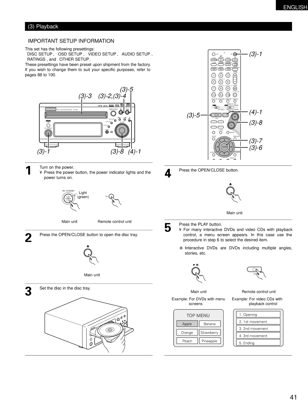 Denon ADV-M51 manual Playback, This set has the following presettings, Press the Play button, Set the disc in the disc tray 