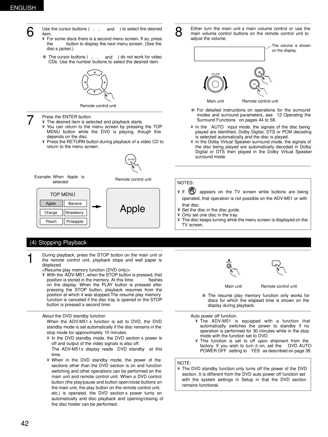 Denon D-M51DVS, ADVM51, ADV-M51 manual Stopping Playback 