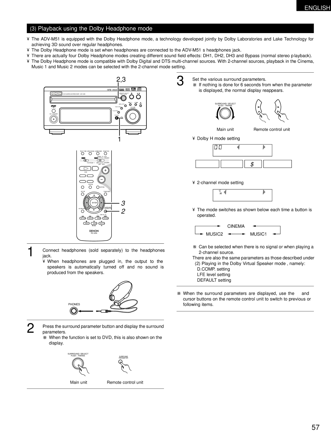 Denon ADV-M51 manual Playback using the Dolby Headphone mode, DH1 DH2 DH3 Bypass, I N E Ma, Cinema MUSIC2 MUSIC1 