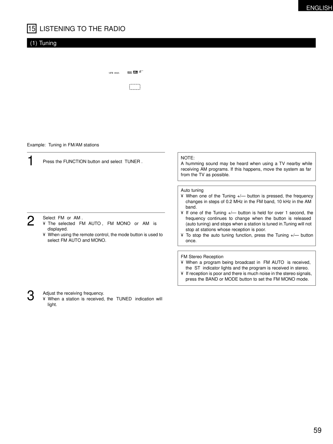 Denon ADV-M51 Listening to the Radio, Tuning, Auto tuning, FM Stereo Reception, About the tuning mode and the preset mode 