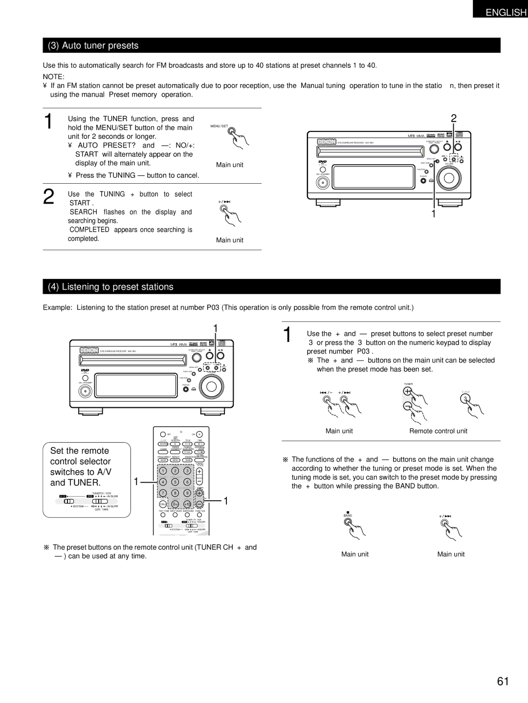 Denon ADV-M51, D-M51DVS, ADVM51 manual Auto tuner presets, Listening to preset stations, Start 