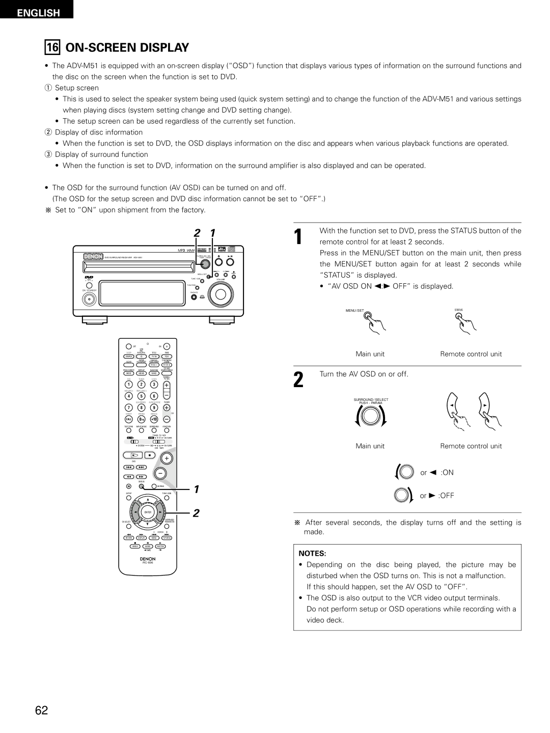 Denon D-M51DVS, ADVM51 Remote control for at least 2 seconds, Press in the MENU/SET button on the main unit, then press 