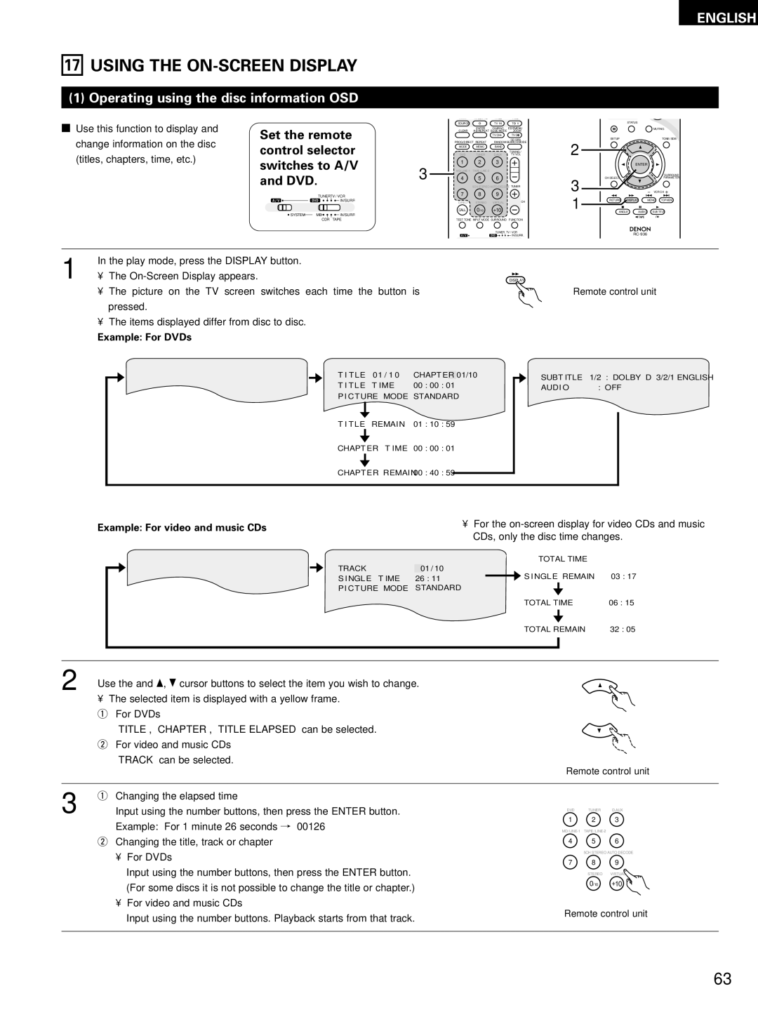 Denon ADV-M51 manual Operating using the disc information OSD, Example For DVDs, Example For video and music CDs 