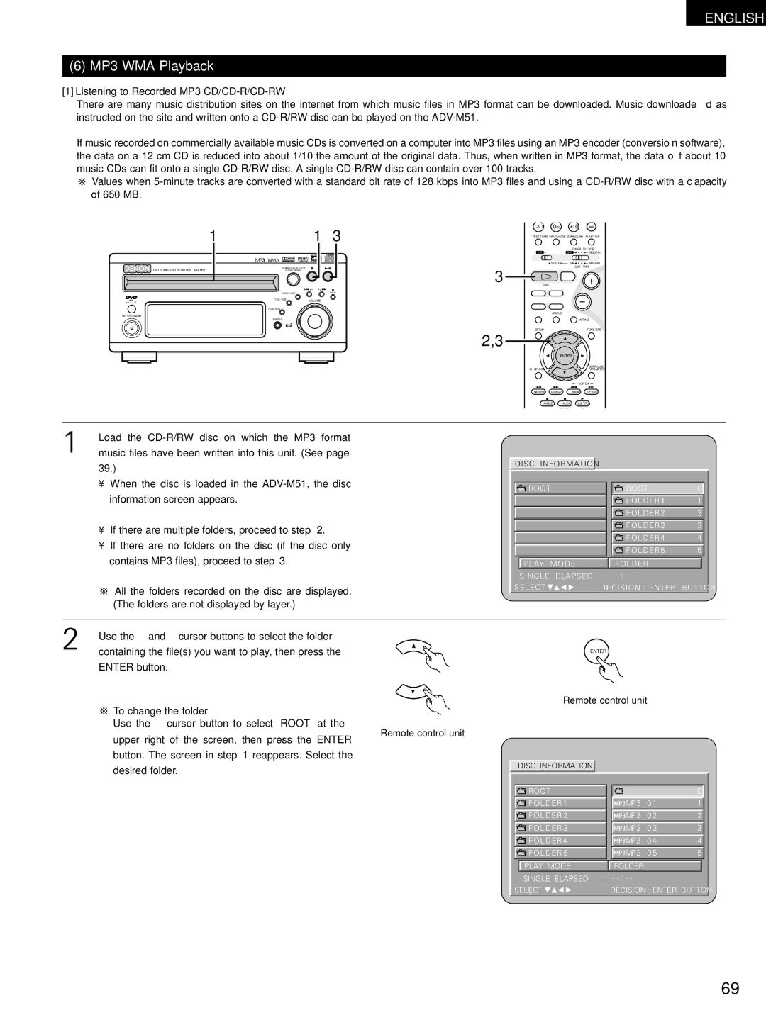 Denon ADV-M51, D-M51DVS, ADVM51 manual MP3 WMA Playback, Listening to Recorded MP3 CD/CD-R/CD-RW, To change the folder 