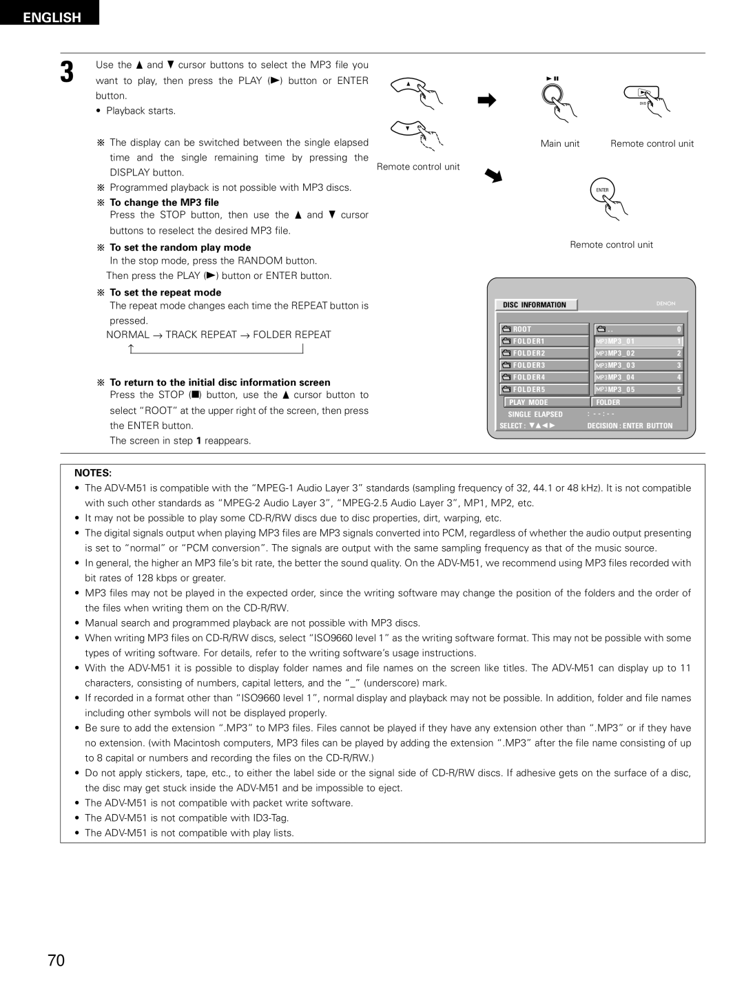 Denon D-M51DVS, ADVM51, ADV-M51 manual To change the MP3 file, To set the random play mode, To set the repeat mode 