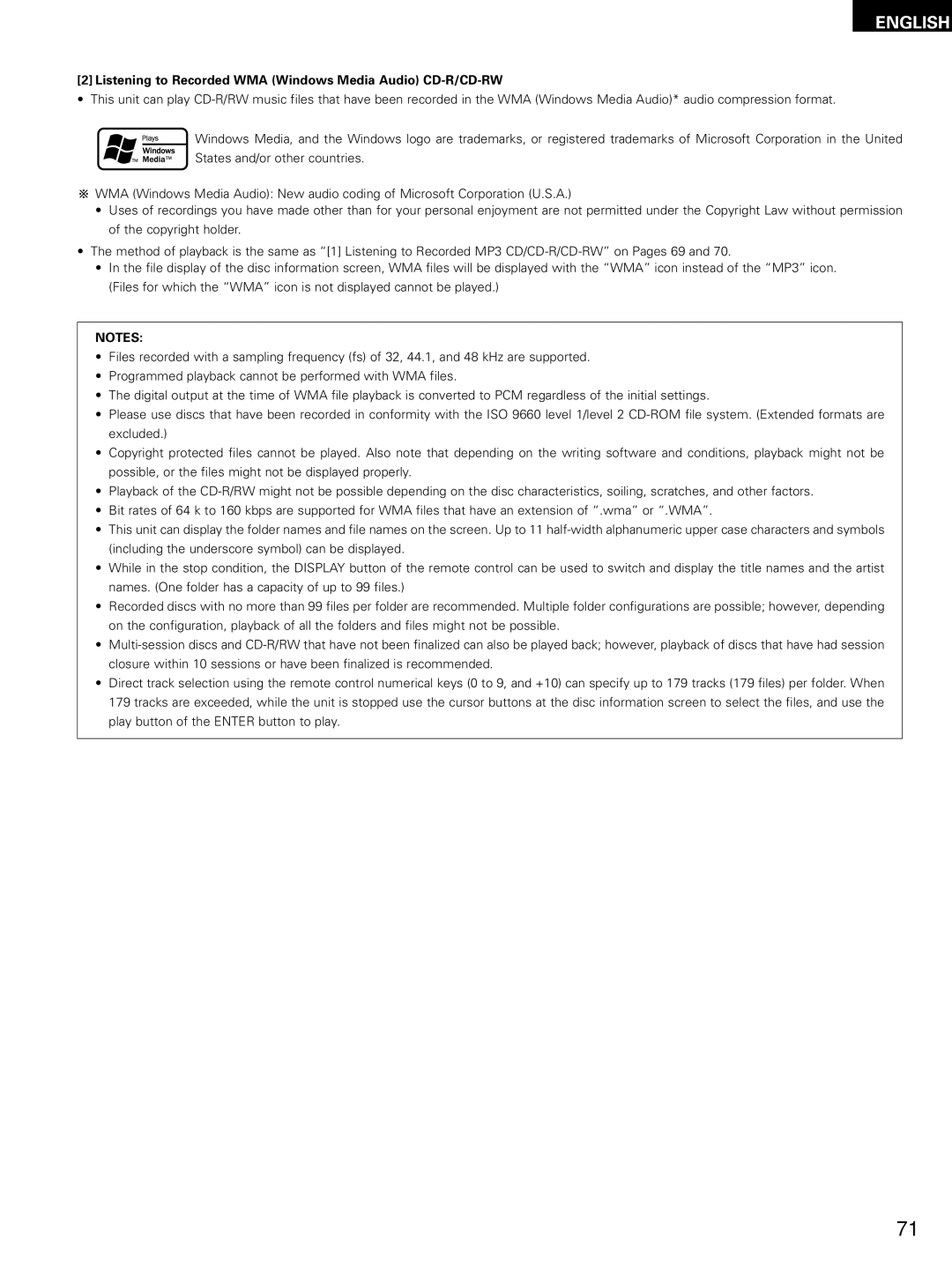 Denon ADV-M51, D-M51DVS, ADVM51 manual Listening to Recorded WMA Windows Media Audio CD-R/CD-RW 