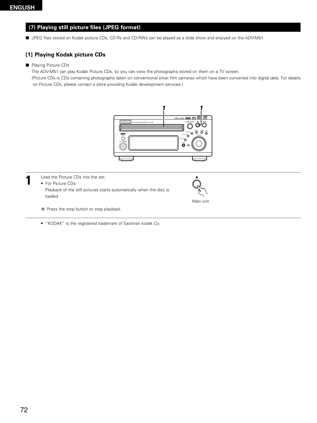 Denon D-M51DVS, ADVM51, ADV-M51 manual Playing still picture files Jpeg format, Playing Kodak picture CDs 