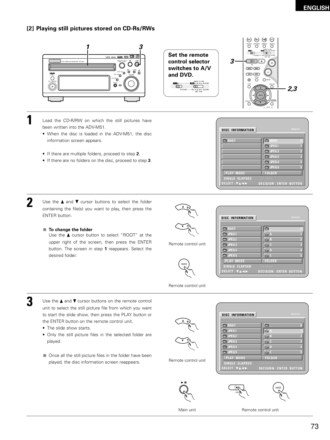 Denon manual Load the CD-R/RW on which the still pictures have, Been written into the ADV-M51, Slide show starts 