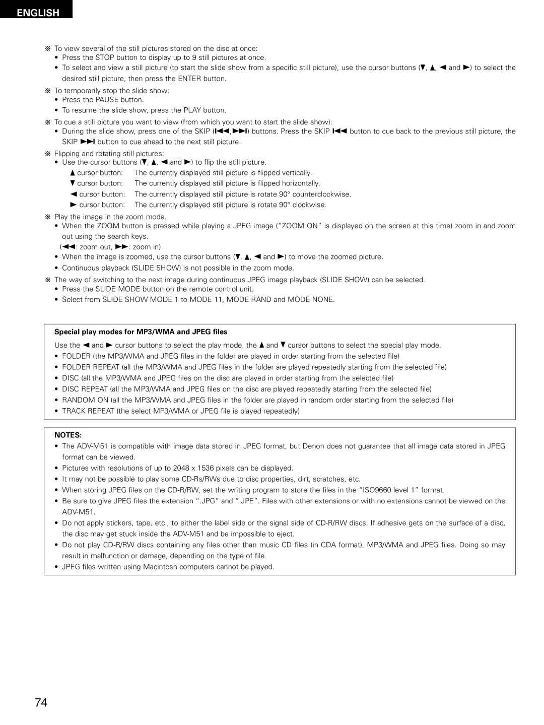 Denon D-M51DVS, ADVM51, ADV-M51 manual Special play modes for MP3/WMA and Jpeg files 